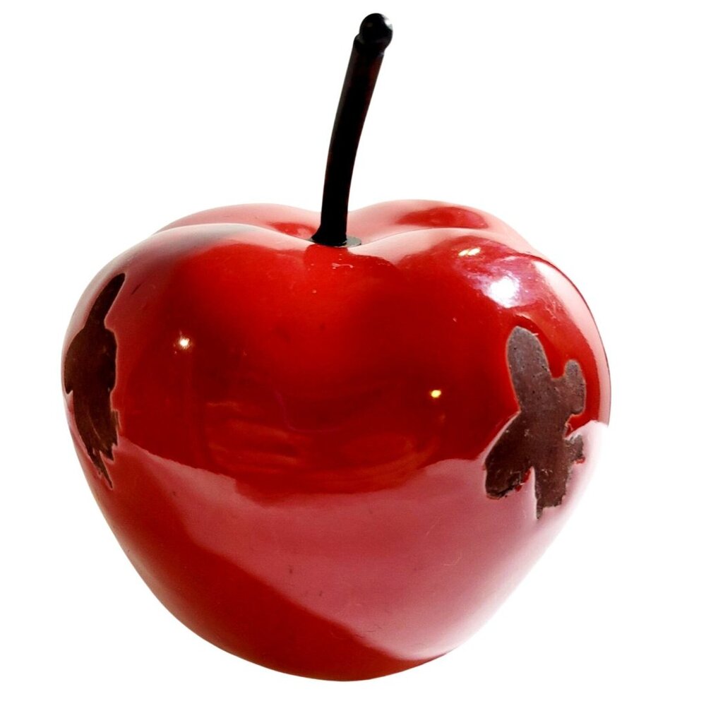 Vintage Red Enamel Over Metal Folk Art Apple Sculpture Signed Decorative Piece - Picture 2 of 7